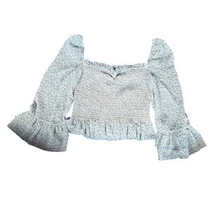 Storia Blue Green Floral Smocked Puff Sleeve Ruffle Top Medium Cottagecore